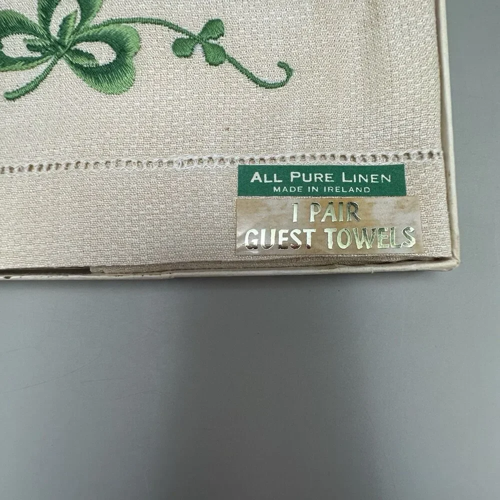 Vtg William Smyth Irish Linen Shamrock Drawn Thread Guest Towels Orig Box